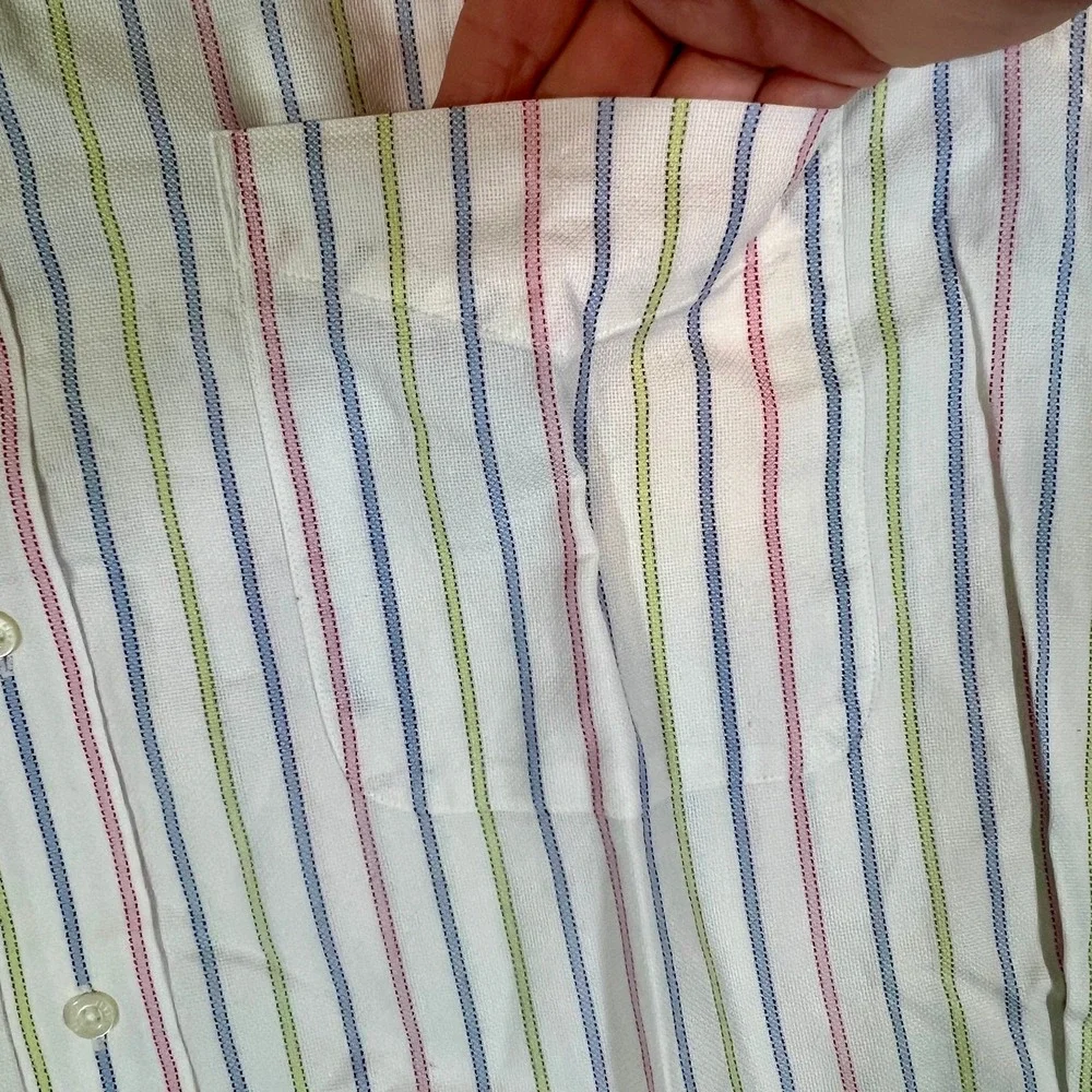 VTG Alan‎ Flusser Long Sleeve Button-Down Shirt White Pastel Stripes Mens Large